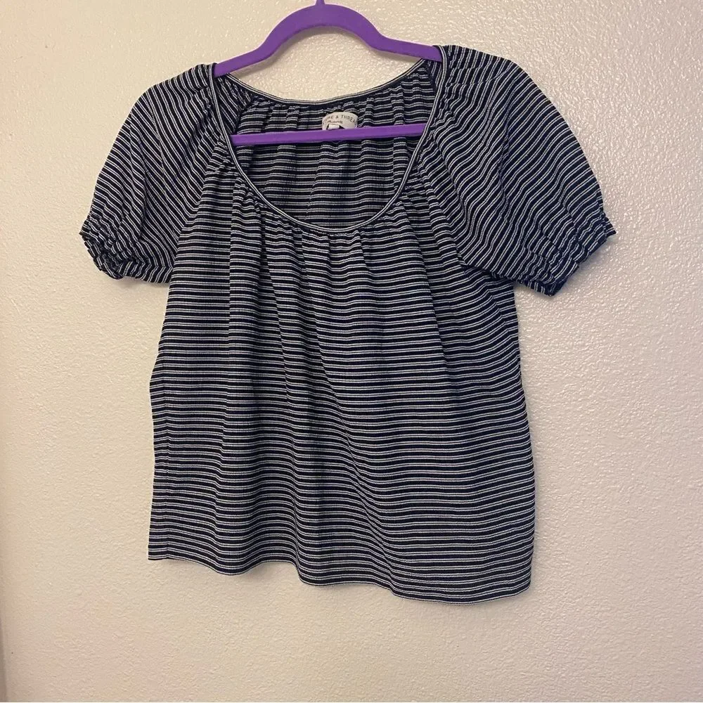 Madewell Texture & Thread Peasant Stripe Top black, scoopneck puff sleeve XS